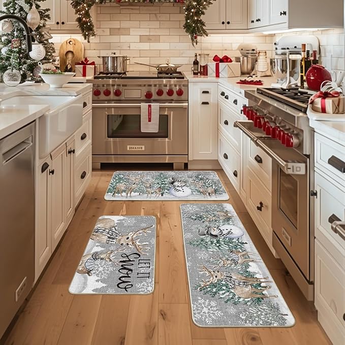 Artoid Mode Deer Tree Let It Sonw Snowflakes Christmas Kitchen Mats Set of 3, Winter Decor Low-Profile Kitchen Rugs for Floor - 17"x29"+17"x36"+17"x47"