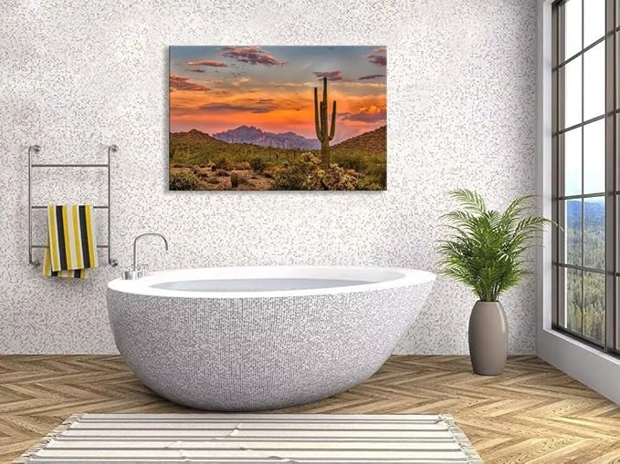 Sunset in the Sonoran Desert Wall Art for Living Room Bedroom Bathroom Home Decorations Cactus Picture Poster Canvas Prints Desert Artwork Framed Ready to Hang(18''H x 24''W)