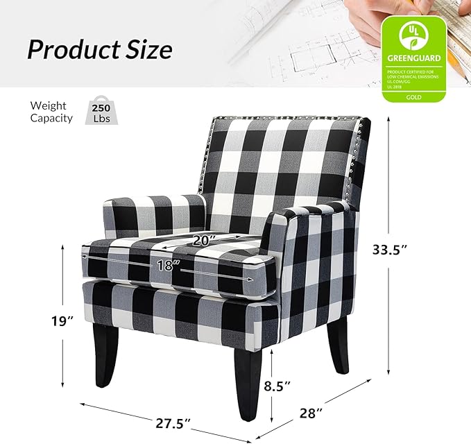 HULALA HOME Modern Accent Chairs Set of 2, Farmhouse High Back Buffalo Plaid Chairs with Wooden Legs & Nail Head Trim, Comfy Upholstered Armchairs for Living Room/Bedroom (Buffalo Black)