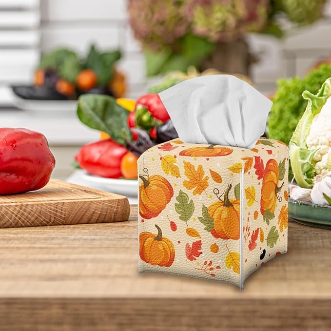 Pumpkin Maple Leaf Tissue Box Holder Square Tissue Holder Organizer Modern Napkin Cover for Bedroom Dresser Night Stand Office Desk PU Leather Decorative Organizer Thanksgiving Home Decor