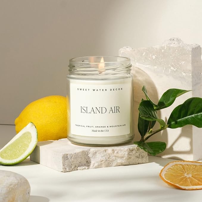 Sweet Water Decor Island Air Soy Candle - Tropical Fruit, Mountain Air, and Orange Scented Summer Candles for Home - 9oz Clear Jar and Gold Lid, 40+ Hour Burn Time, Made in The USA