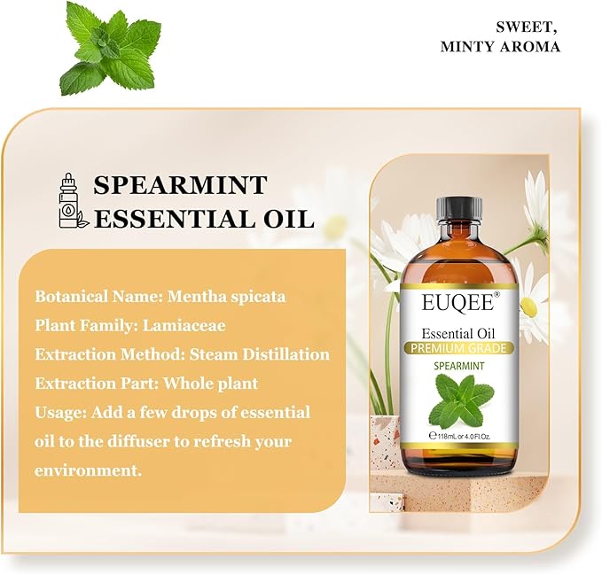 EUQEE Spearmint Essential Oil Premium Grade Spearmint Oil Essential Oil with Glass Dropper, Great for Humidifier, Candle Making, Diffusers (118mL/4oz)