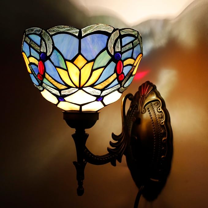 Tiffany Wall Sconce Lamp Blue Stained Glass Flower Style 8X10.5X11 Inch Plug in Wall Bedside Light for Hallway Bedroom (Blue Lotus Style)