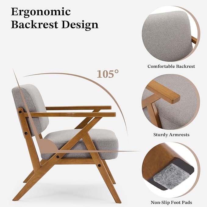 Mid Century Modern Chair Grey Accent Chair Upholstered Armchair with Solid Wood Frame Comfy Reading Nook Chair Lounge Chairs for Living Room Bedroom, Linen