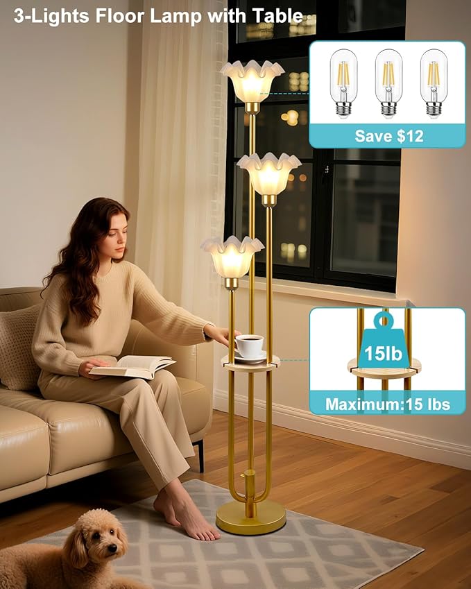 Lightdot Flower Floor Lamp for Living Room, Dimmable Vintage Floor Lamp with Shelf &3 LED Bulbs, 3 Light 3000K Soft Warmwhite Mid Century Gold Standing Lamp, Floral Tall Lamp for Bedroom Office