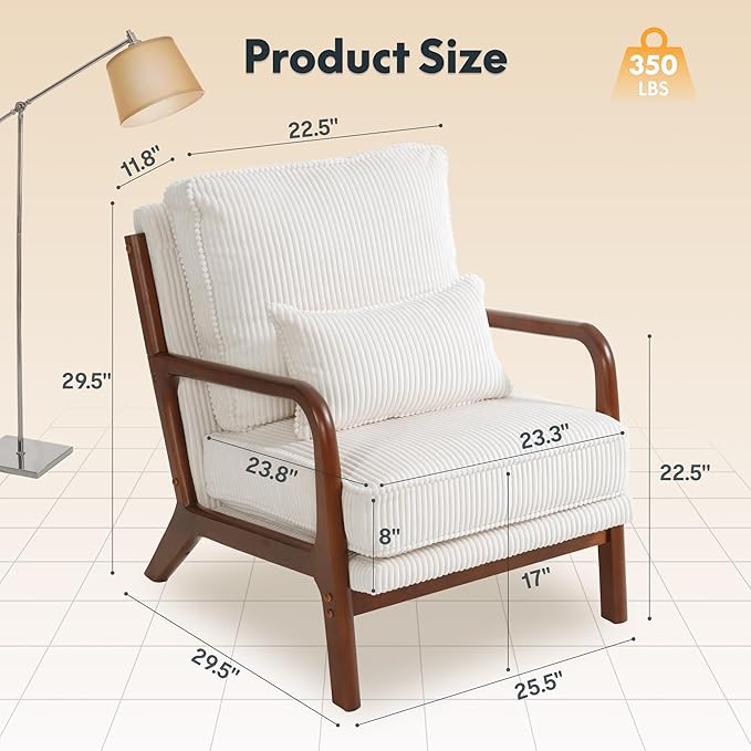 FLEXISPOT AC1 Mid Century Modern Accent Chairs Set of 2, Corduroy Upholstered Armchairs with Wood Frame, Thick Backrest & Lumbar Pillow, Comfy Reading Chairs for Living Room, Bedroom, Balcony (White)