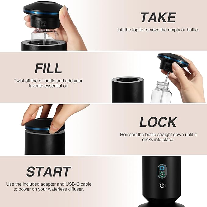 Waterless Scent Diffuser Starter Kit - 1500 Sq Ft Coverage, Scent Diffuser for Home, Hotel, Studio, Essential Oil Diffuser Large Room, 7 Mood Lights Setting, 5 Essential Oils Included, Black, 11.50In
