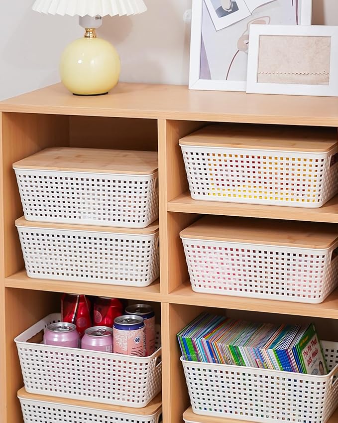 Storage Bins with Lids 6 Packs, Plastic Storage Bins with Bamboo Lids for Pantry Organization and Storage Containers for Shelves Drawers Desktop Closet Playroom Classroom Office Home, White