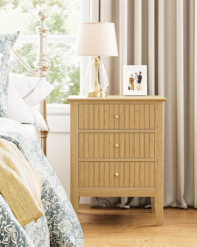 Fluted Nightstand, Farmhouse Night Stand with 3 Drawers, Mid Century Modern Side Accent Table,Bedside End Table for Bedroom, Living Room, Oak