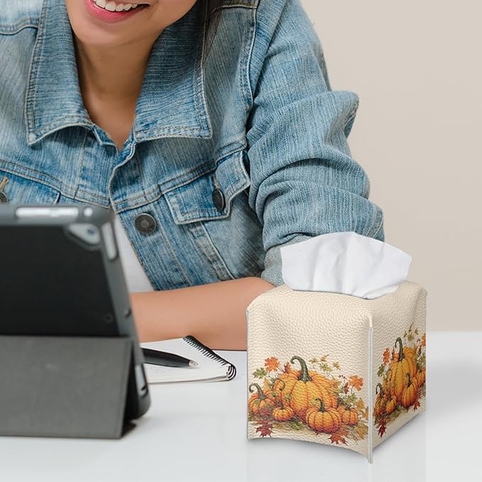 Pumpkin Maple Leaf Square Tissue Box Cover Thanksgiving Desk Decor for Home Office Car, Pu Leather Tissues Cube Boxes Holder Bedroom/Bathroom/Kitchen Facial Napkin Holder Storage