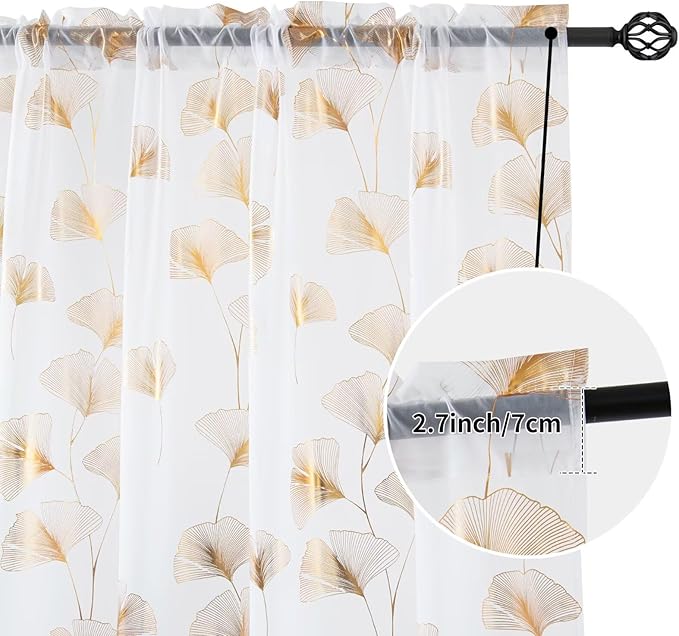 Gold Foil Print Sheer Curtains 84 inches Long, 2 Panels Ginkgo Bronzing Treatment Sheer Curtain, Rod Pocket Window Treatment Panels for Bedroom Living Room