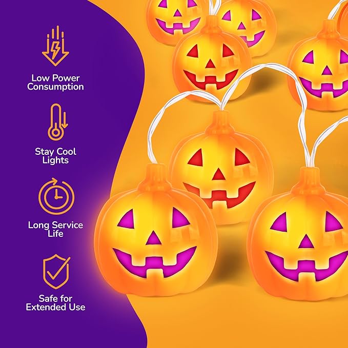 ArtCreativity 8.2 FT Halloween Pumpkin String Lights with Remote - 10 LED - Orange Jack-O-Lantern Decorations for Outdoor & Indoors - Cute Halloween Party Supplies - Battery Powered Pumpkin Deco
