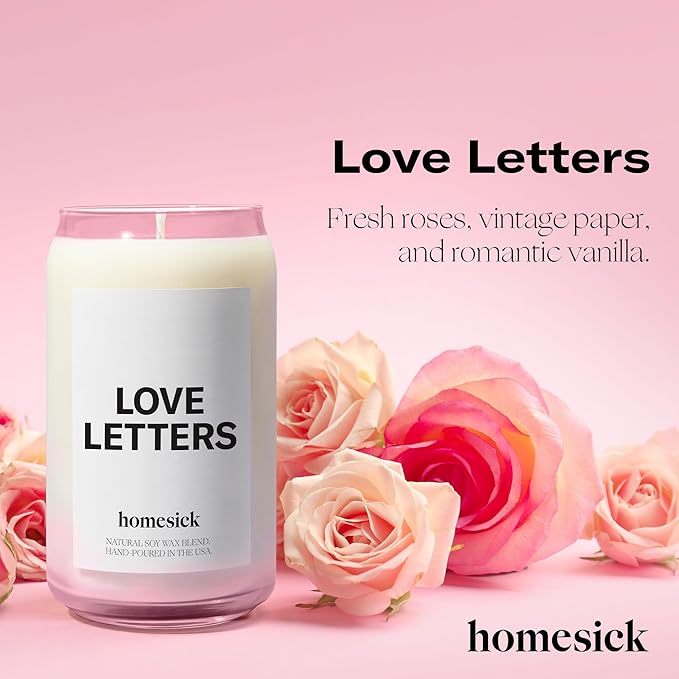 Homesick Scented Candles for Home (Love Letters) - 13.75 oz Natural Long-Lasting Soy Wax Blend Jar Candle Gifts for Women & Men, 60-80 Hours Burn Time - Notes of Rose, Jasmine & Peony
