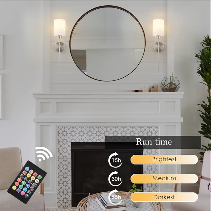 Battery Operated Wall Sconces Set of Two,Wireless Rechargeable Wall Light With Remote Control, Dimmable, 1800K/3000K/4000K/6000K/RGB, Timer, for Living Room, Bedroom, Fireplace, TV, 23.6 Inch, Nickel