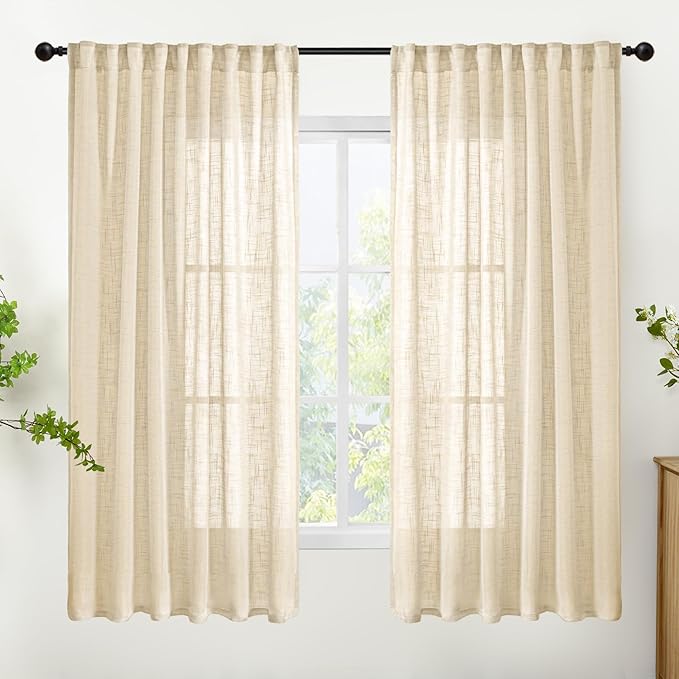 YoungsTex Burlap Linen Semi Sheer Curtains 63 Inch Length for Living Room, Light Filtering Window Drapes Natural Textured with Rod Pocket Back Tab for Bedroom, 2 Panels, 52 X 63 Inch