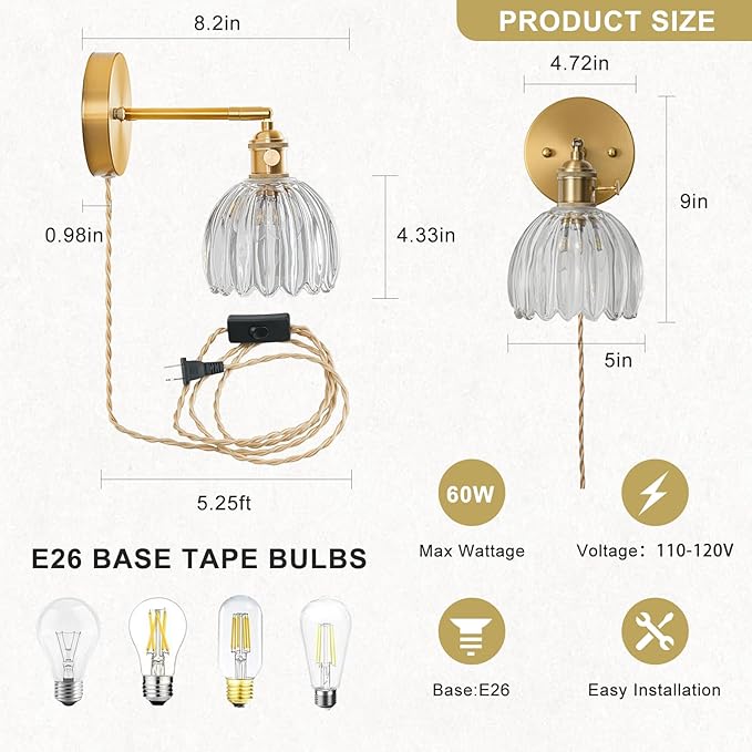 Plug in Wall Sconce, Vintage Sconce Light with Tulip Transparent Glass Lampshade, 180° Adjustable Wall Sconce with Switch and Plug in Wall Lamp Cord, Gold Wall Light for Bedroom Bedside