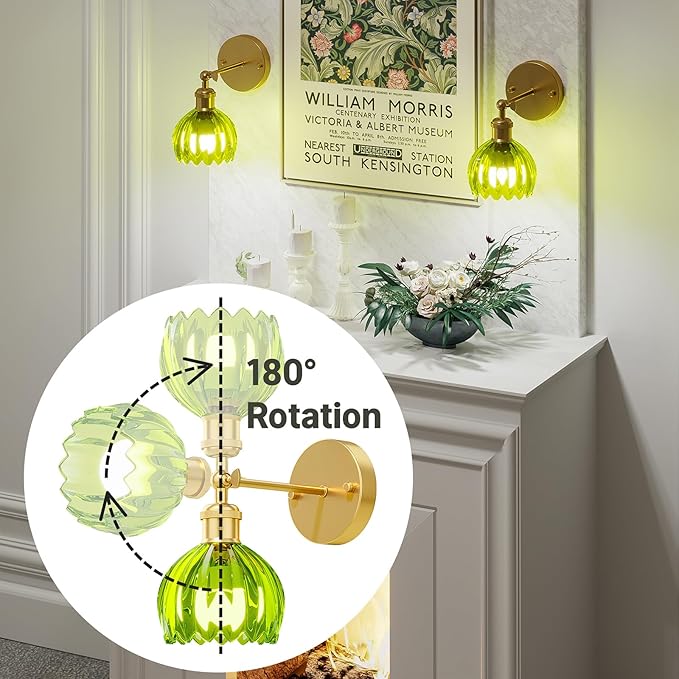 Vintage Battery Operated Wall Sconce Set of 2, Wireless Wall Sconce with Green Tulip Glass Shade, Rechargeable & Remote Control Wall Lamp for Living Room, Bedroom,Hallway Wall Decor Lights