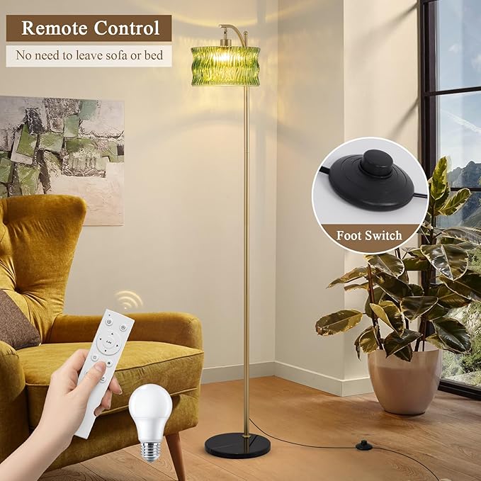Glass Floor Lamp for Living Room, Modern Gold Standing Lamp with Remote Control & 3 Color Temperature, Green Floor Lamps with Glass Lampshade Dimmable Tall Floor Lamp for Bedroom Corner