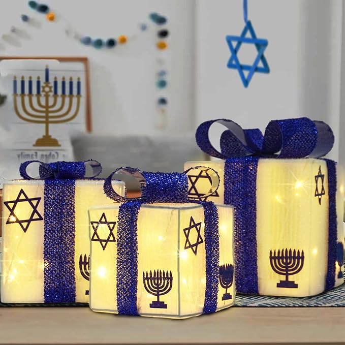 Krissing 3pcs Lighted Hanukkah Gift Boxes for Hanukkah Decorations, Christmas White and Blue Gift Boxes Decor for Chanukah Party Table Centerpieces Yard Jewish Christmas Tree Ornaments