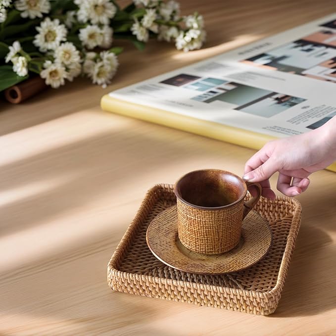 Rattan Serving Tray, Square Woven Storage Basket, Wicker Baskets for Organizing, Natural Wicker Decorative Serving Baskets for Organizing Tabletop Bathroom Kitchen Counter Square