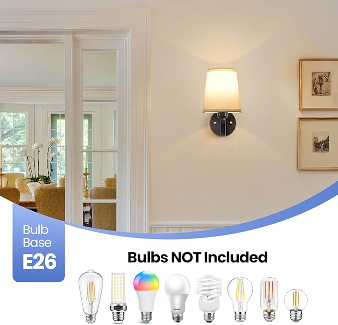 Wall Sconces Set of 2, Modern Wall Lamps for Bedroom, Sconces Wall Light Fixture with Beige Fabric Shade, Indoor Wall Mounted Lamps for Living Room Hallway Kitchen, Black Finish
