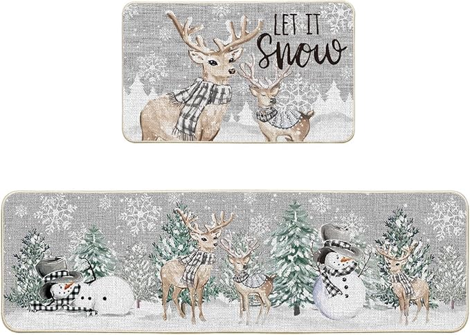 Artoid Mode Xmas Trees Deer Snowflakes Christmas Kitchen Mats Set of 2, Winter Home Decor Low-Profile Kitchen Rugs for Floor - 17x29 and 17x59 Inch