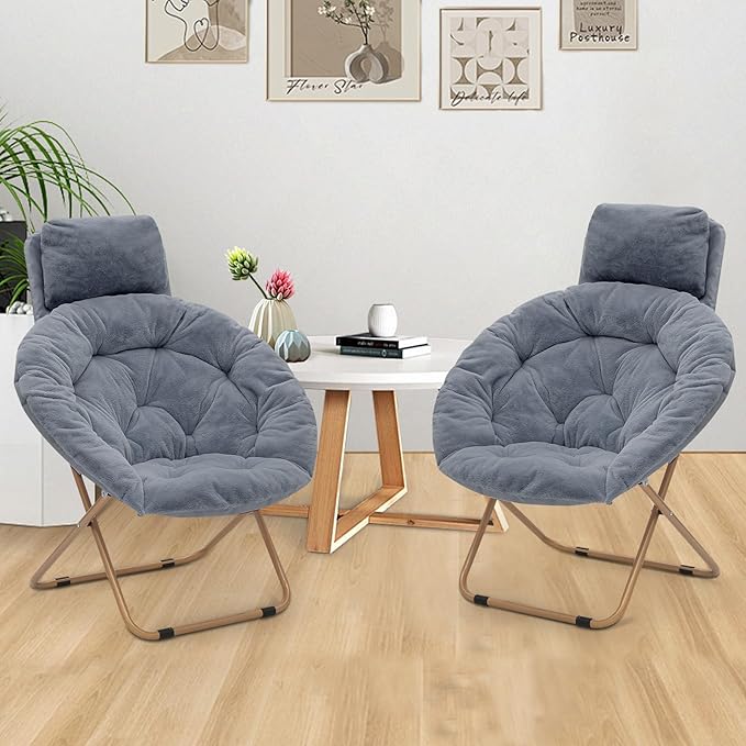 Athena Collection Comfy Saucer Chair with Headrest Oversize Round Cozy Chair Folding Chair Faux Fur Metal Frame Foldable Reading Chair Accent Chair for Bedroom Living Room Set of 2, Grey