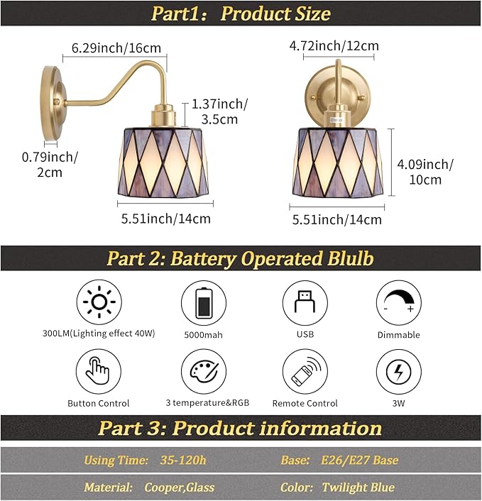Vintage Battery Operated Wall Sconce Set of 2, 5000mAh Rechargeable Wall Lamp 12 RGB Colors Dimmable, Gold Lights Fixture for Bedroom Bathroom Living Room Hallway Twilight Blue Checker