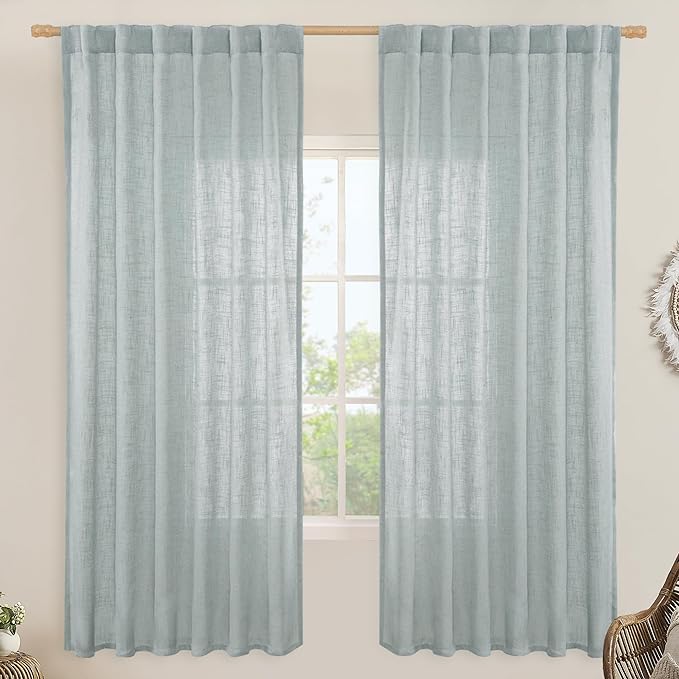 LAMIT Linen Blended Curtains for Bedroom, Faux Linen Textured Light Filtering Drapes Back Tab and Rod Pocket Boho Burlap Panels for Farmhouse/Living Room, 2 Panels, 52 x 72 Inch, Greyish Blue