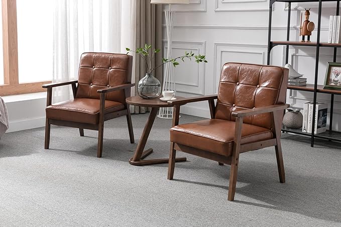 Okeysen Mid Century Modern Accent Chair, Retro Wood Leather Armchairs Side Chair, Lounge Reading Comfy Arm Chair for Living Room, Bedroom, Office (Brown)