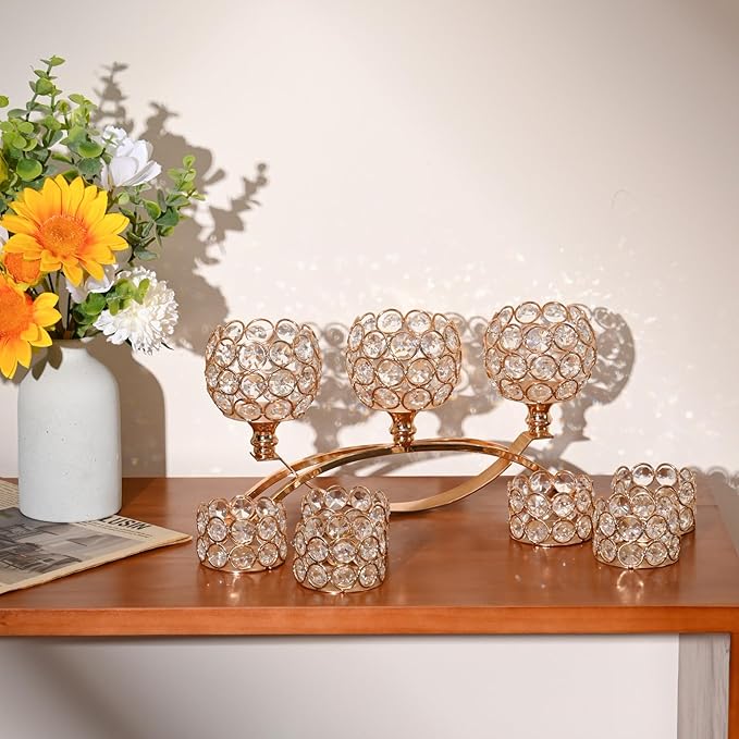 VINCIGANT Gold Crystal Candle Holders Decorative Candelabra 3 Arms with 6Pcs Tea Light Candle Holders for Wedding,Anniversary Center Pieces,Dinner Party Table Decor Candles Centro de mesa para boda