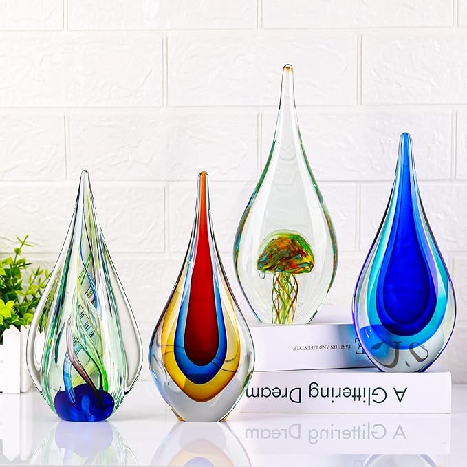 9" Tall Sculpture Hand Blown Glass Decor, Paperweight for Office Desk, Modern Glass Art Figurines Mediterranean Beach House Decor, Living Room Coffee Shelves Table Top Decoration (Aqua)