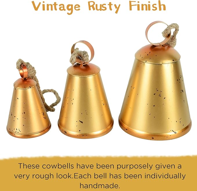 Styleonme Vintage Handmade Lucky Christmas Bells - 3-Piece Set of Harmonious Metal Indoor & Outdoor Blessing Bells Hanging on a Rope
