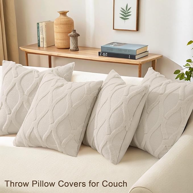 decorUhome Set of 4 Beige Throw Pillow Covers 16x16 Inch, Neutral Decorative Soft Plush Faux Wool Couch Pillow Covers, Farmhouse Pillow Cases for Living Room Bed Sofa