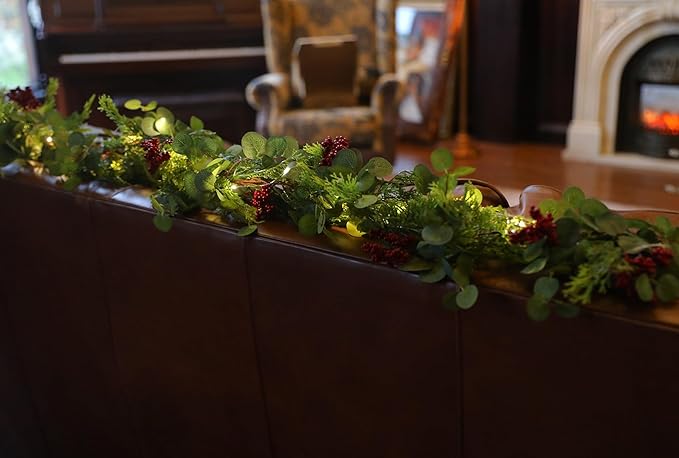 6.3FT Christmas Garland with LED String Lights, Anna's Whimsy 144 Branch Tips Seasonal Artificial Pine Winter Cypress Greenery Garland, Christmas Decorations Holiday Indoor Outdoor Christmas Decor