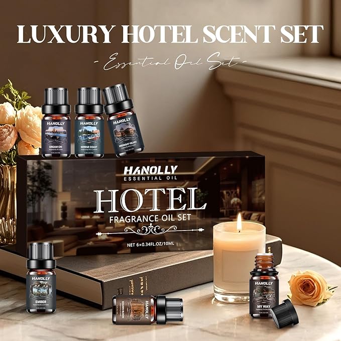 Hotel Diffuser Oils Gift Set - 6x10ML Luxury Hotel Scent Essential Oils Set for Diffuser, Candle Making - Premium Fragrance Oil, My Way, Ember, Dream On, Serene Coast, Midnight Velvet, Golden Bloom