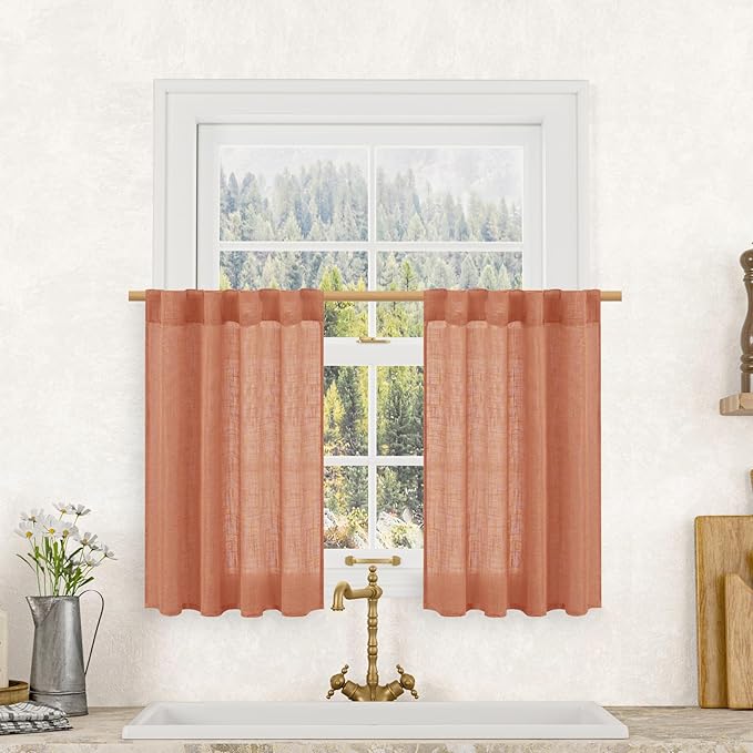 LAMIT Semi Sheer Linen Curtains 36 Inch Length 2 Panels, Light Filtering Panels Back Tab and Rod Pocket Neutral Drapes for Bathroom/Kitchen/Loft Room, Terracotta, 25 x 36 Inch