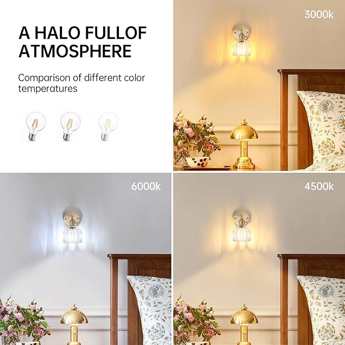 Vintage Wall Sconces with Cute Transparent Tulip Glass Lampshade 180 Degree Adjustable Brass Sconces Hradwired Modern Wall Lighting Fixture with Switch for Bedside Bedroom Doorway