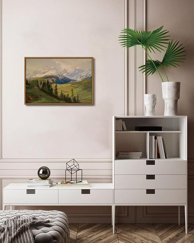 KISSFOX Vintage Framed Wall Art Alpine Valley Landscape Canvas Art Farmhouse Rustic Snow Mountain Paintings Artwork Natural Serene Countryside Cottagecore Art Prints For Bedroom Bathroom Living Room