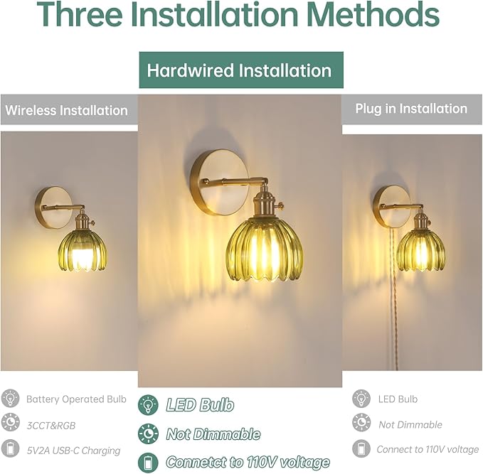 Vintage Wall Sconces Set of 2 with Cute Green Tulip Glass Lampshade 180 Degree Adjustable Brass Sconces Hradwired Modern Wall Lighting Fixture with Switch for Bedside Bedroom Doorway