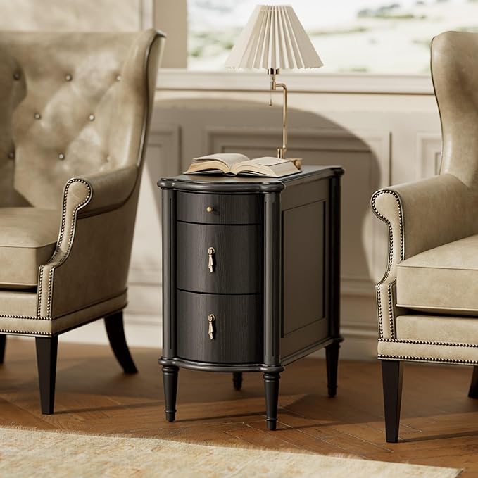 STO'SENSE Nightstand w/Charging Station & 3 Drawers, Pre-Assembled, Vintage Side Table w/Antique-Finished Pulls, Rustic Wood Finish, Narrow End Table w/Turned Legs for Bedroom (1, Black)