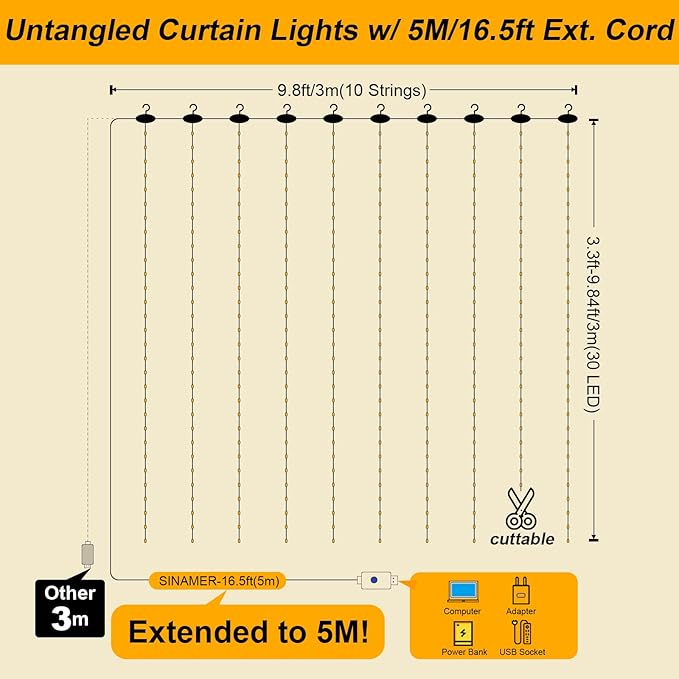 Curtain Light with Upgrade Untangled Wires for Bedroom, 300LED 9.8ft x 9.8ft Window Fairy Curtain String Light with 16 Hooks, 8 Modes Remote for Wedding Party Home Indoor Decor, Warm White