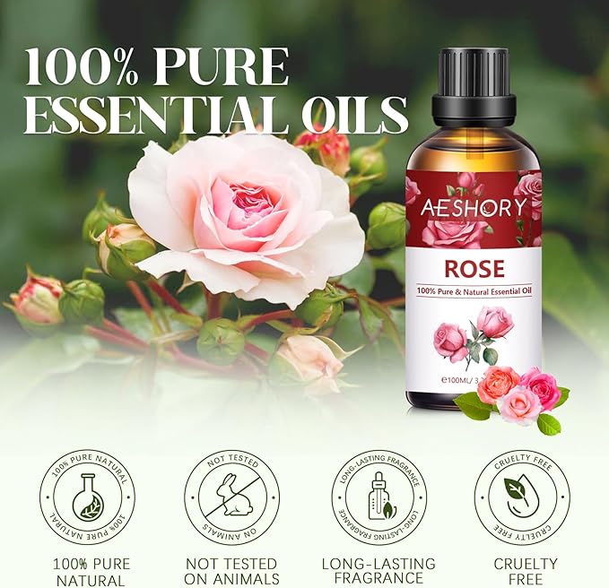 Rose Essential Oils 3.38FL.OZ - Aromatherapy Essential Oils for Diffusers for Home, Rose Scented Oils for Massage, Soap Candle Making Scents - 100ML