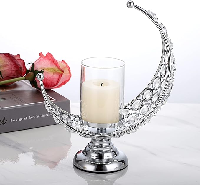 OwnMy Set of 2 Silver Moon Shaped Crystal Pillar Candle Holders Tealight Holders with Glass Covers, Metal Crystal Moon Pillar Candle Stands Votive Candlesticks Candle Lamps for Table Centerpieces