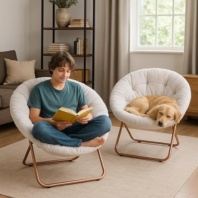 Magshion Saucer Chair for Adults, Comfy Living Room Lounge Chair for Bedroom Corner, Dorm, Apartment, Faux Fur Fluffy Circle Accent Seat with Thick Padded & Folding Metal Frame (White, Set of 2)
