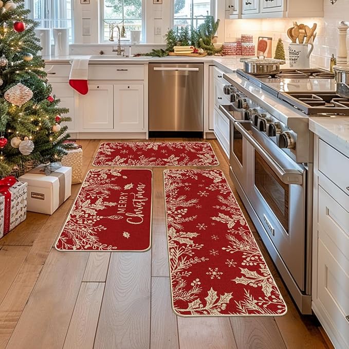 Artoid Mode Holly Pine Branches Leaves Merry Christmas Kitchen Mats Set of 2, Winter Decor Low-Profile Kitchen Rugs for Floor - 17"x29"+17"x36"+17"x47"