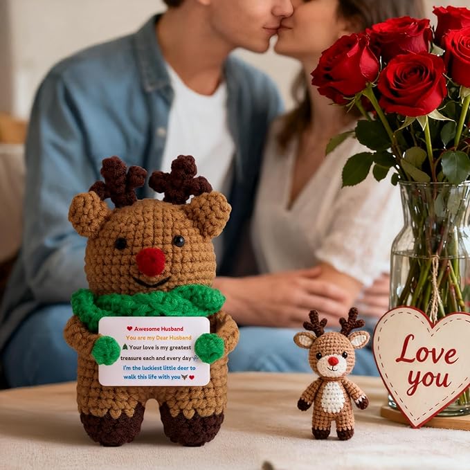 Mini Cute Deer Gifts for Husband Handmade Crochet Reindeer Present Wedding Anniversary Thanksgiving Christmas Birthday Gift for Him Man from Wife Office Home Emotional Decor Doll
