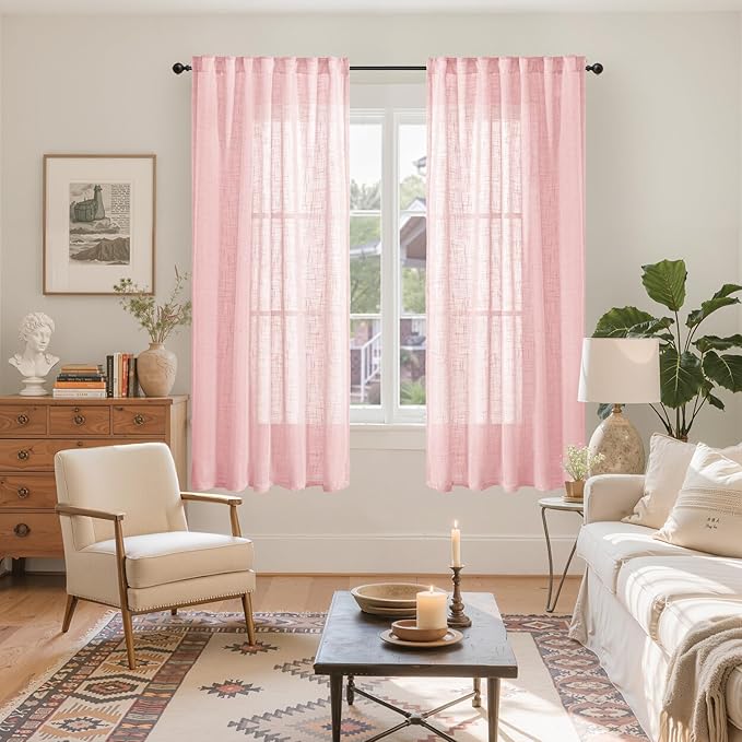 YoungsTex Light Pink Linen Curtains 63 Inch Length for Living Room Window, Semi Sheer Drapes Textured Light Filtering with Rod Pocket Back Tab for Bedroom, 2 Panels, 42 X 63 Inch