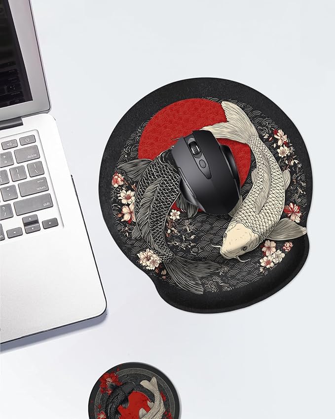Mouse Pad with Wrist Support, Ergonomic Mouse Pad with Memory Foam Wrist Rest Cushion, Non-Slip Rubber Base Gaming Mice Pad for Home Office Computer Laptop,Koi Fish