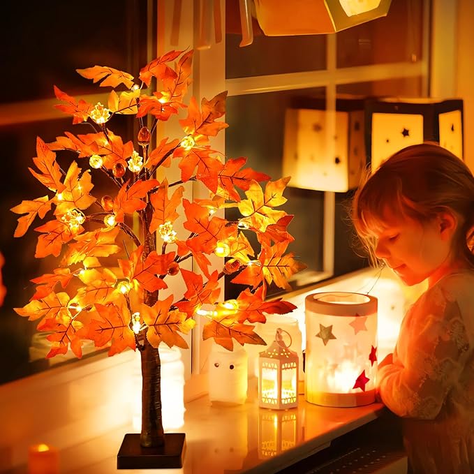 2 Pack 24 Inch Lighted Fall Tree for Fall Decorations with 48 LED Timer Battery Operated Tabletop Prelit Artificial Fall Light Up Tree for Home Indoor Outdoor Autumn Harvest Thanksgiving Table Decor